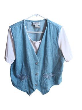Large Vtg Jaclyn Smith Sport Denim Vest Tee Insert Embroidered Beaded Buttons